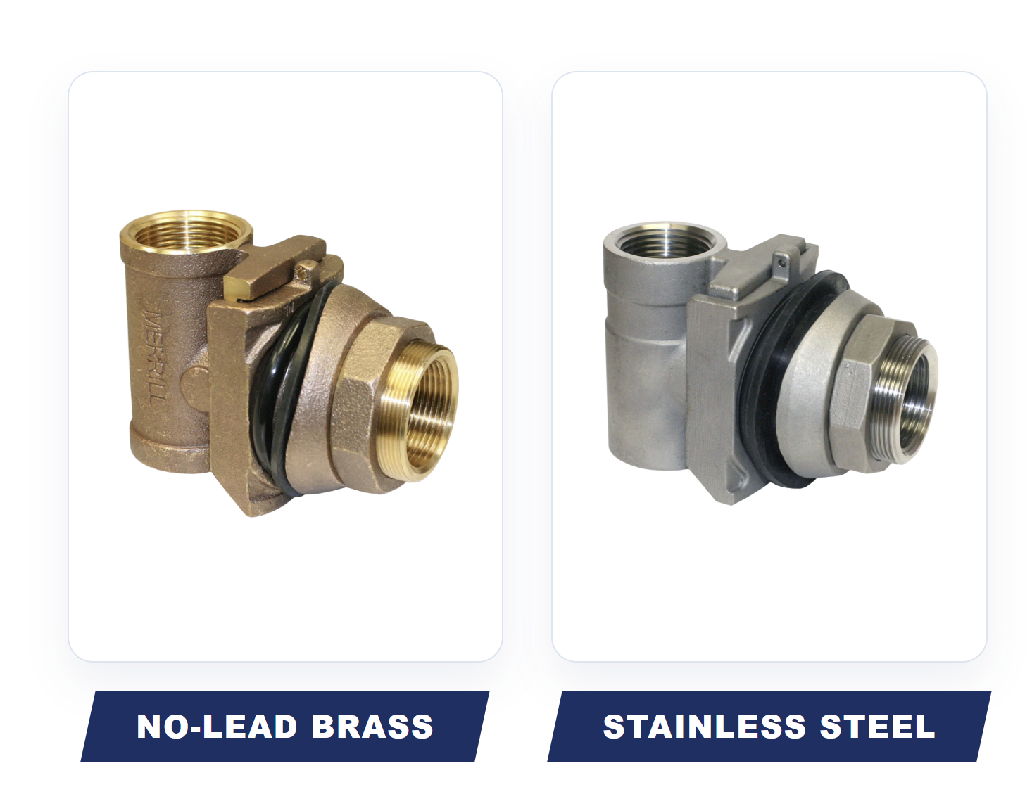 Side-by-side comparison of a Merrill no-lead brass pitless adapter and a stainless steel pitless adapter