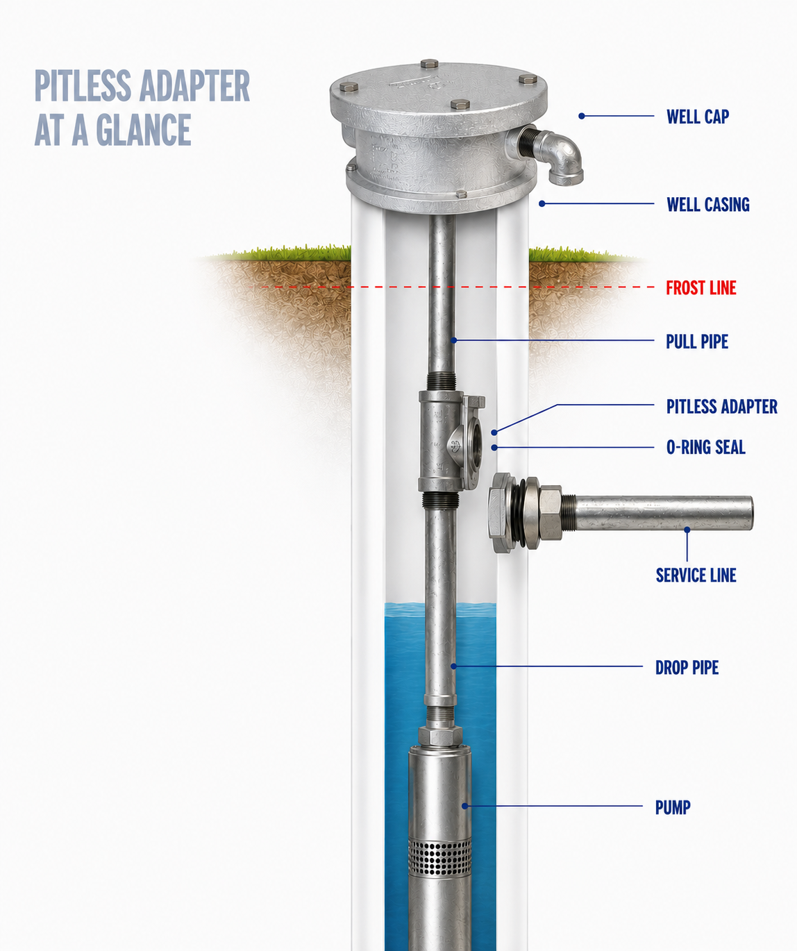 Cutaway view of a pitless adapter installed in a well casing showing pull pipe, o-ring seal, sealing gaskets, drop pipe, and service line